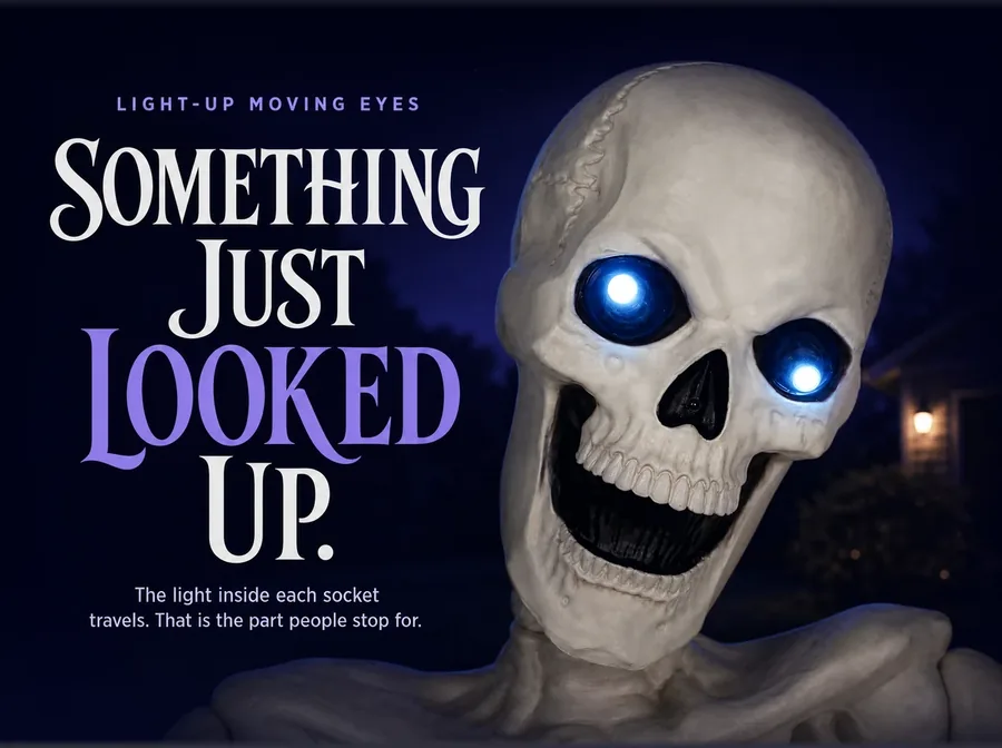 Night close-up of the skull, the white point of light in a different place inside each blue eye.