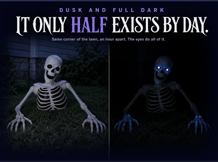 One photograph split down the middle: the groundbreaker at dusk with dark eyes, and at night with only the eyes lit.