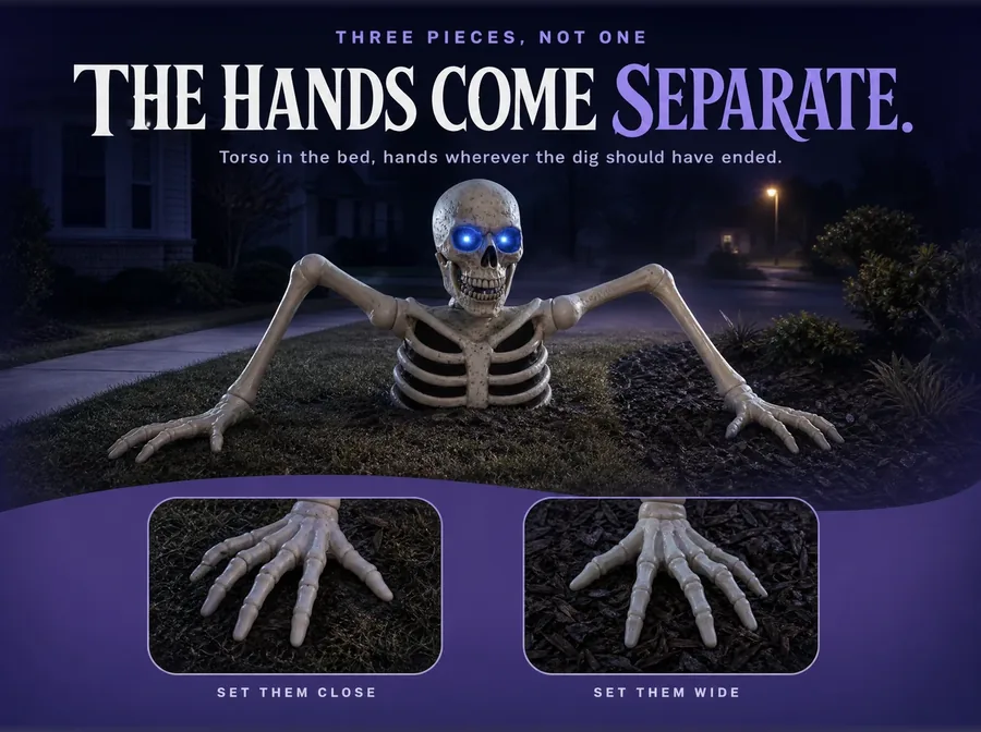 The groundbreaker with its hands planted far apart, over a violet panel with two macro crops of a hand in soil.