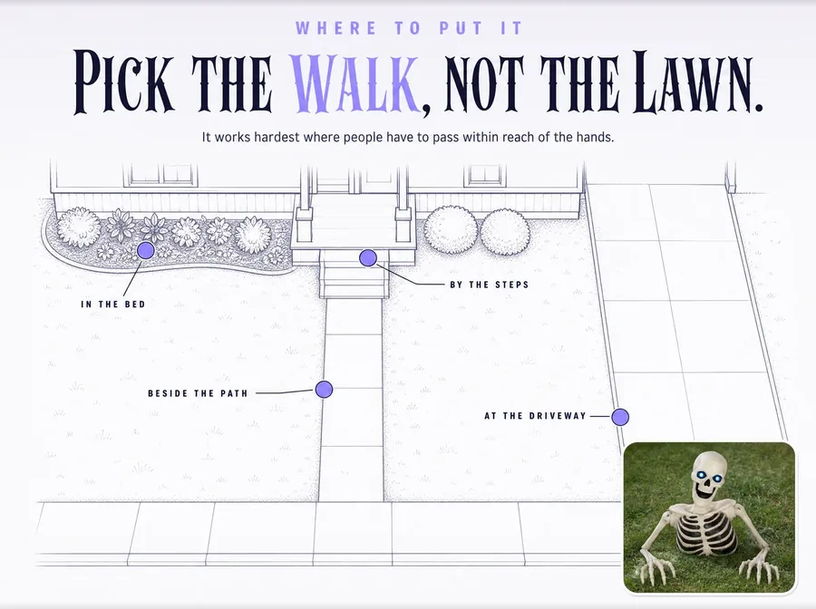 Overhead plan of a front yard with four lilac markers on candidate spots, and an inset photo of the groundbreaker.