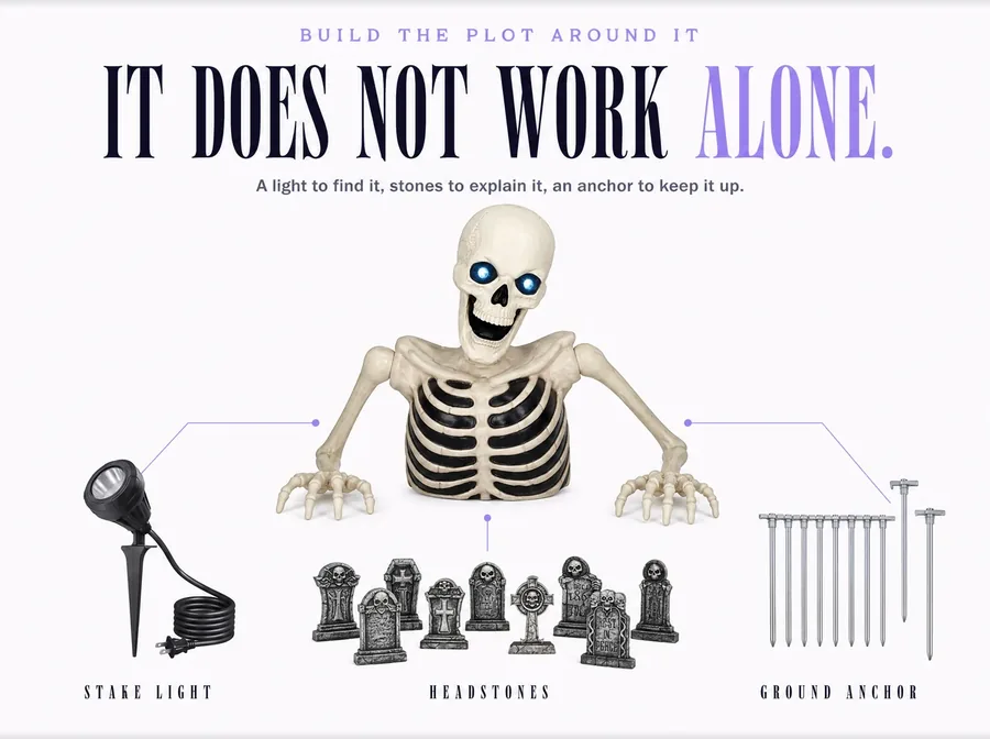 Studio arrangement on white: the groundbreaker torso with a stake spotlight, foam headstones and a ground anchor.
