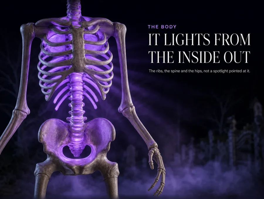 It lights from the inside out: the ribs, the spine and the hips, not a spotlight pointed at it