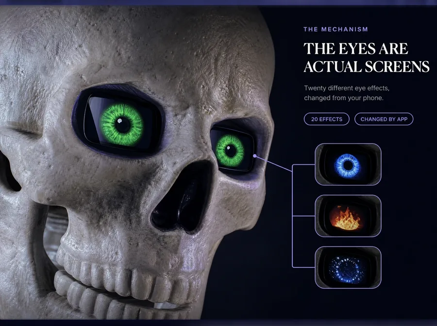 The eyes are actual screens: twenty different eye effects, changed from your phone