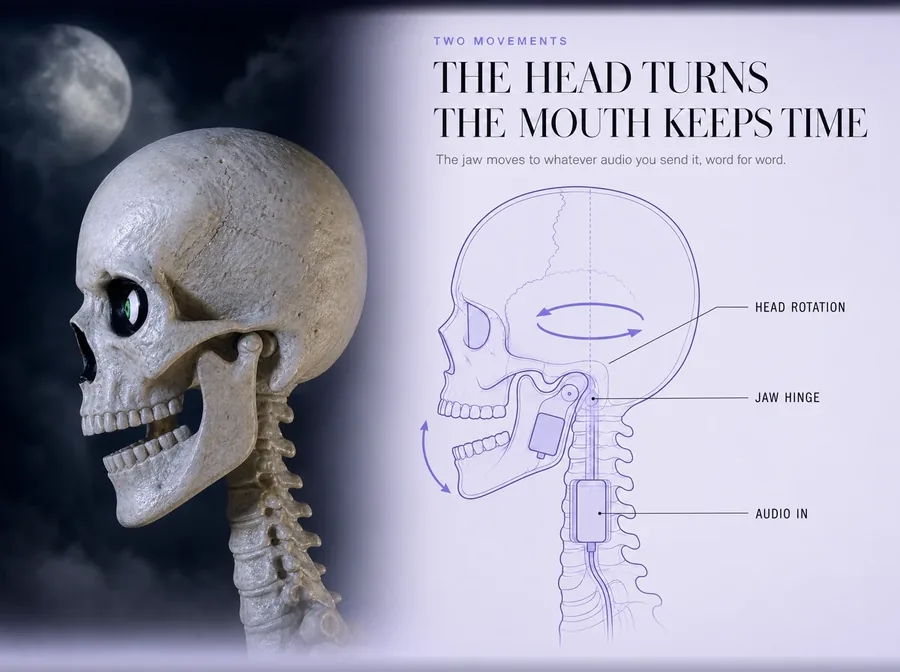 The head turns and the mouth keeps time, moving to whatever audio you send it