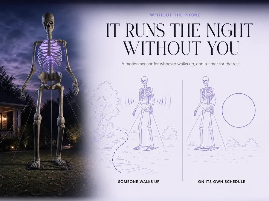 It runs the night without you: a motion sensor for whoever walks up, and a timer for the rest