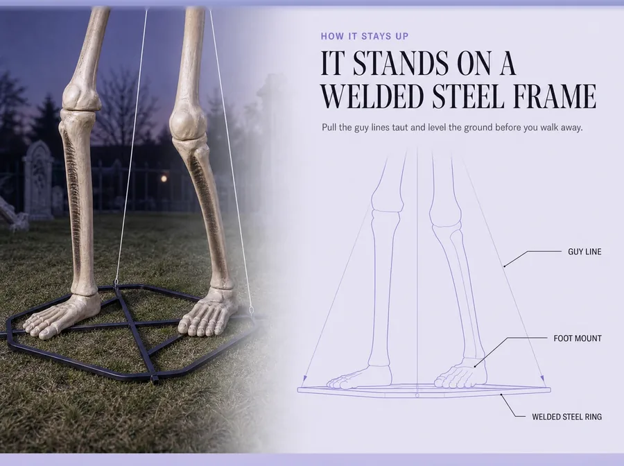 It stands on a welded steel frame. Pull the guy lines taut and level the ground